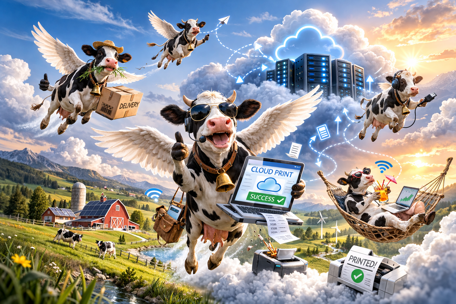 Cloud Cows: realistic cows with wings in the clouds