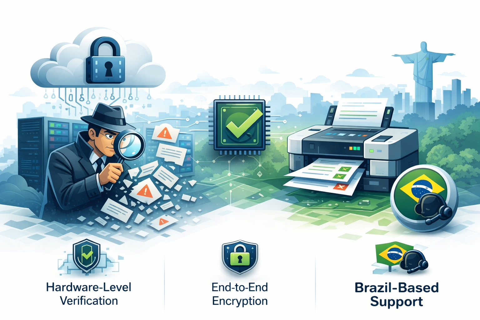 Secure cloud printing: end-to-end encryption, hardware-level verification, Brazil-based support