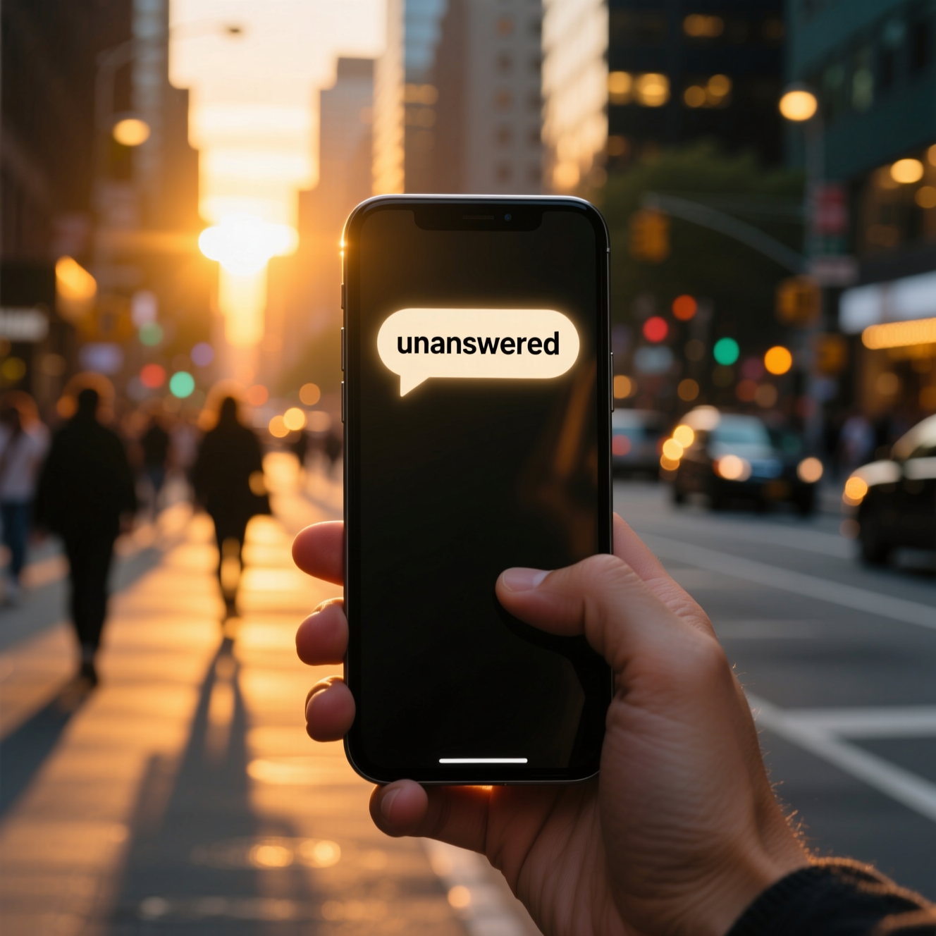Smartphone with unanswered messages, hand holding on street at sunset